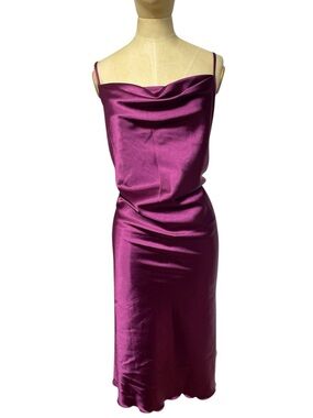 BeBe Satin Cowl Neck Slip Dress LG Plum Midi Draped Shift Evening